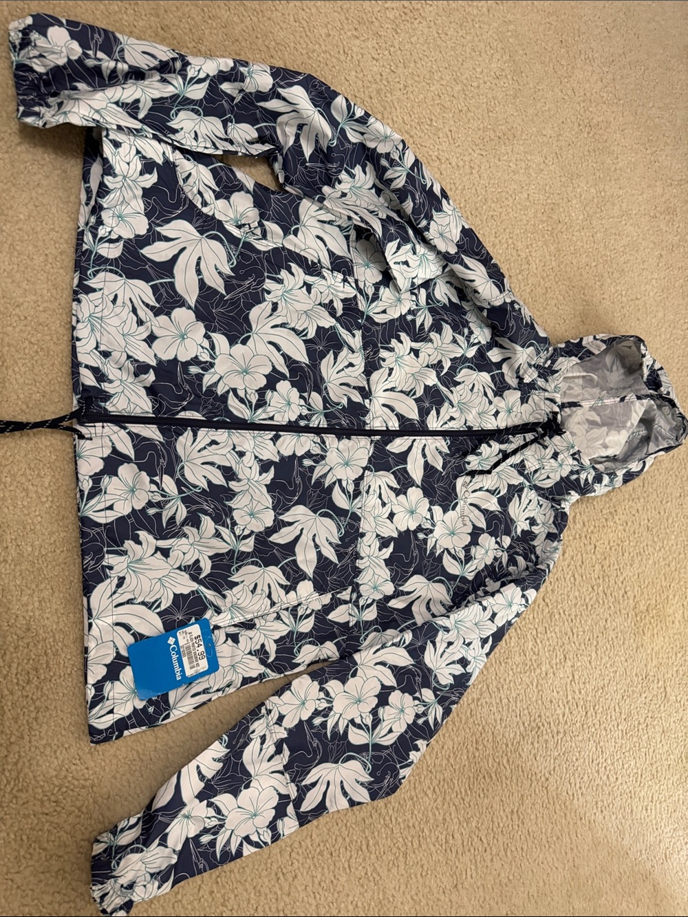 Columbia Navy and White Floral Packable Hooded Jacket